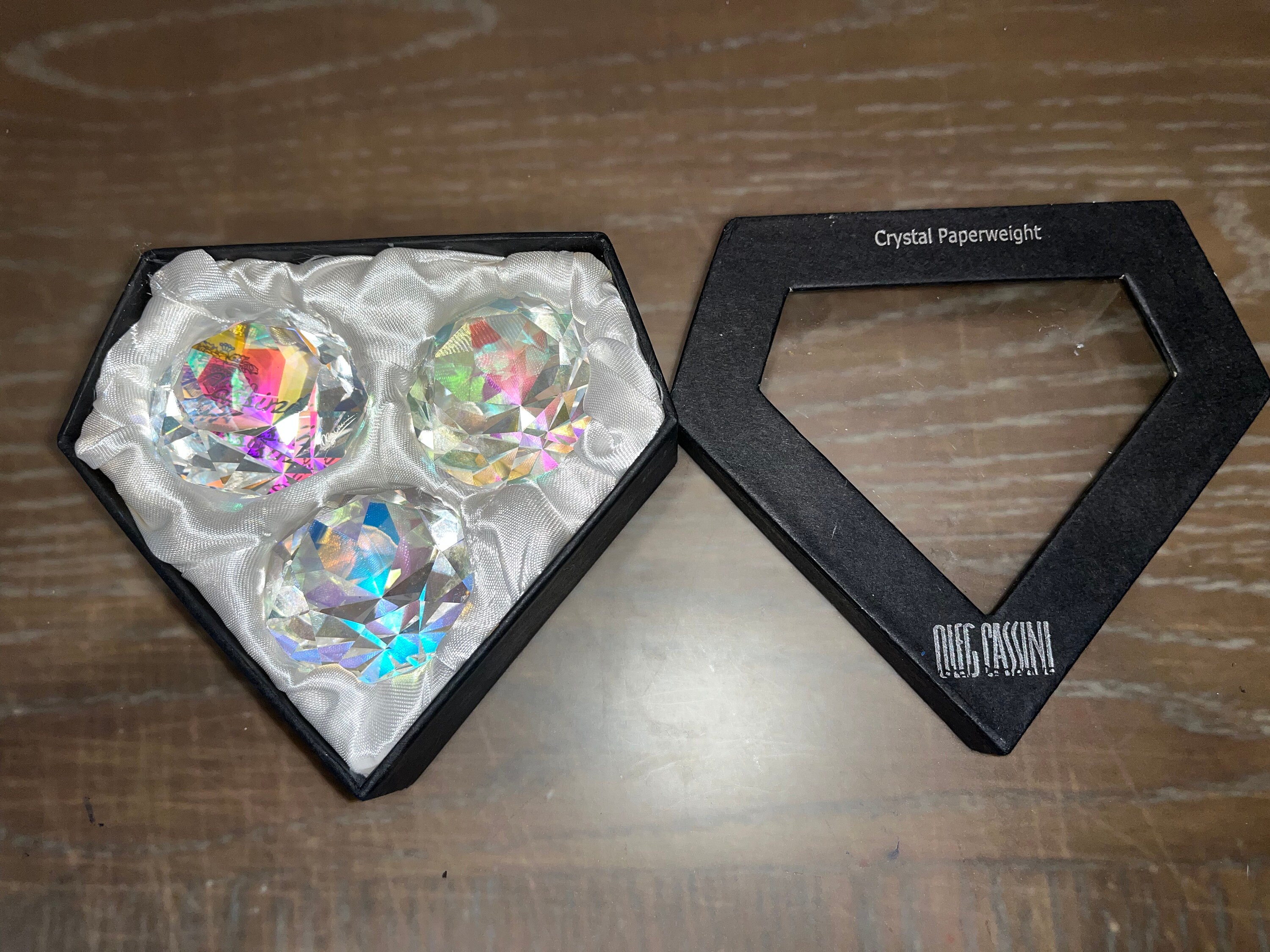 3 Oleg Cassini Iridescent Diamond Paperweight, Oleg Cassini Round Cut Diamond Paperweight, 2" Round Cut Iridescent Diamond, in Gift Box