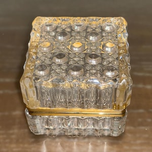 Mid Century Crystal 3 1/4&quot; Square Box, Vintage French Crystal Hinged Jewelry Box, Crystal Dresser Box, Jewelry Casket, Crystal Trinket Box