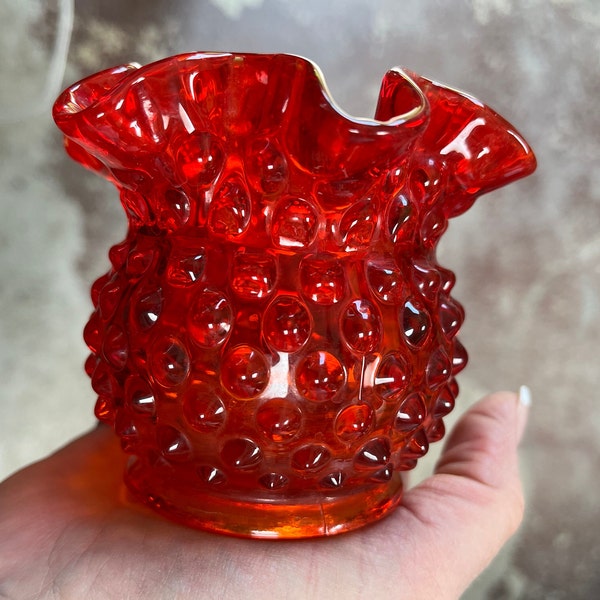 Fenton Orange Art Glass Hobnail Vase, Vintage Fenton Orange Amberina Ruffled Vase, Vintage Orange Glass Ruffled 3" Vase, Fenton Crimped Rim