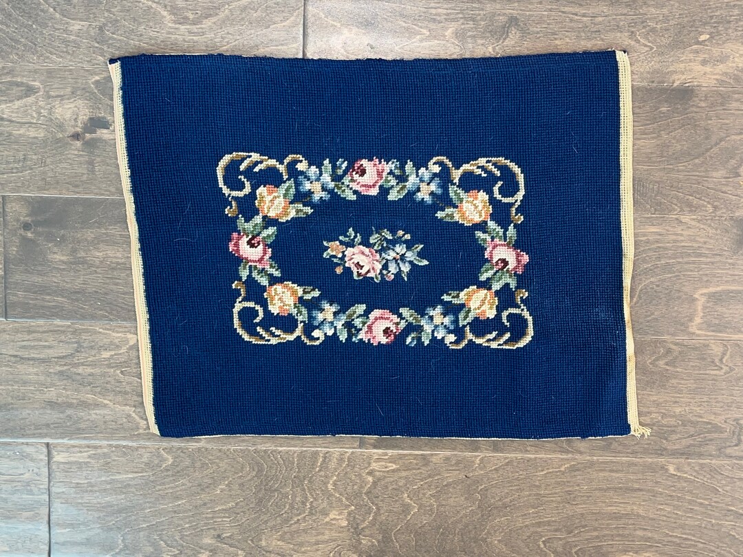 Vintage Needlepoint Canvas, Vintage French Navy Blue Floral Needlepoint