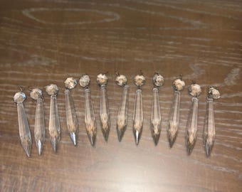 12 Sets of Antique Crystal 3 3/4" Prisms, Antique crystal Prism, Linked replacement crystal, 3" Faceted Prism, 5/8" Octagon, Silver Pins