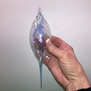 Vintage Blown Glass Tear Drop Ornament, Art Glass Clear Iridescent Swirl Ornament, 8&quot; Tear Shape Tree Ornament, Studio Art Teardrop, Mint