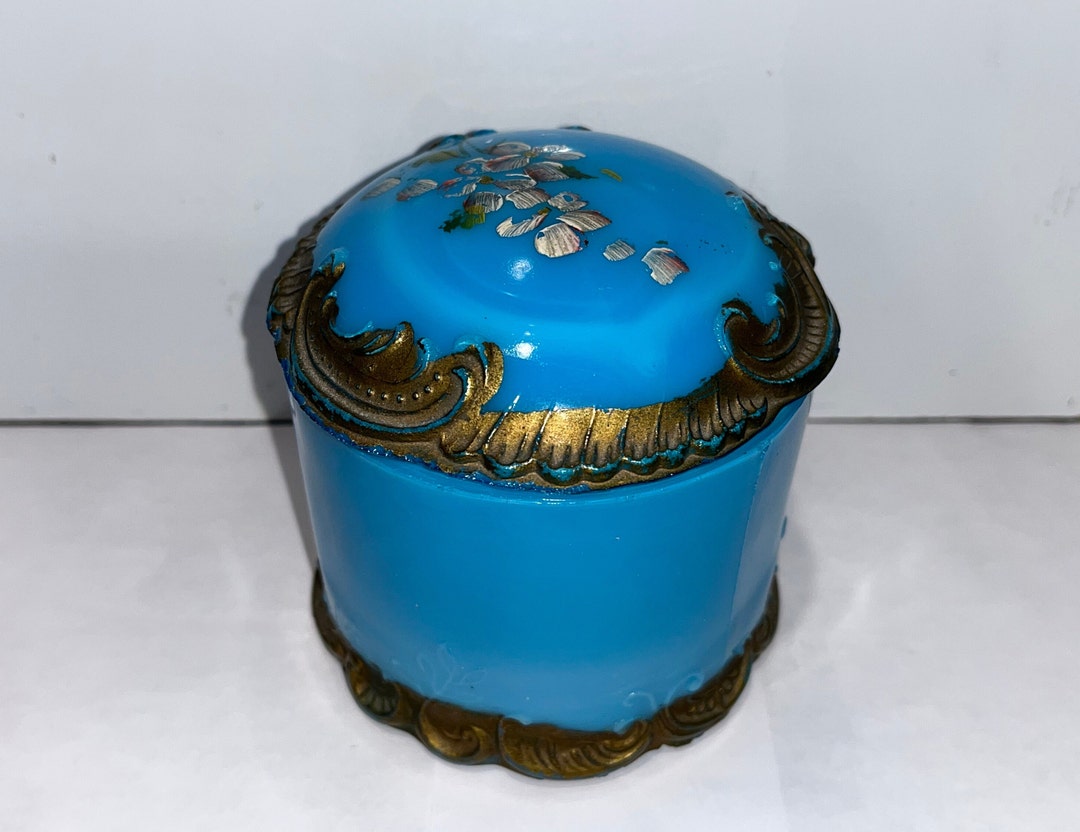Antique Dithridge Blue Opaline Glass Jar, Blue Opaline Painted Glass