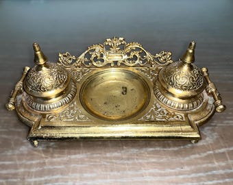 ヴィンテージインク壺 | 真鍮トップ | ガラスボディ | デスク