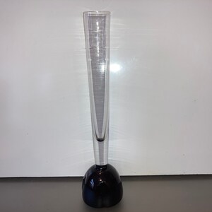 May include: A clear glass vase with a tall, slender body and a round, black base.