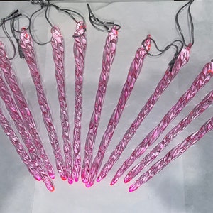 12 Pink Glass 6&quot; Icicle Ornaments, Handcrafted Pink Glass Icicles, Christmas Icicle Ornaments, Blown Glass 6&quot; Pink Ornaments, Set 12 in Box