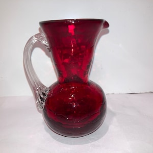 Vintage Ruby Red Hand Blown Pitcher, Vintage Red Crackle Pitcher, 4&quot; Tall Pitcher Red Glass, Red Crackle Pitcher applied Clear handle, Mint