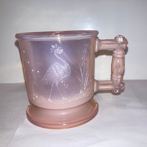 Vintage Degenhart Pink Opalescent Childs Mug, Degenhart Pink Stork Cup, Pink Opalescent Peacock Cup, Opalescent Pink Baby Cup, Mint
