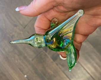 Vintage Blown Glass Hummingbird, Iridescent Green Hummingbird, Blown Glass Hummingbird, Carnival Glass Hummingbird, Hummingbird Ron Ray