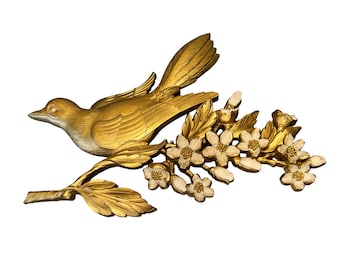 MCM Syroco Bird Wall Decor, Dart Ind USA gouden kornoelje, Syroco Gold Bird kornoelje takken, 1950 Syroco Bird 7037, mint
