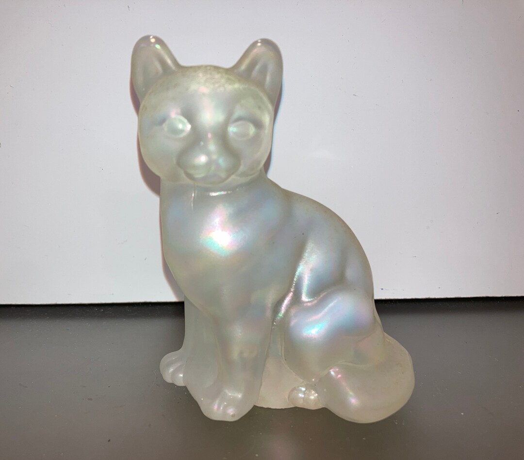 Fenton Iridescent Cat Figure, Vintage Signed Fenton Cat, Fenton