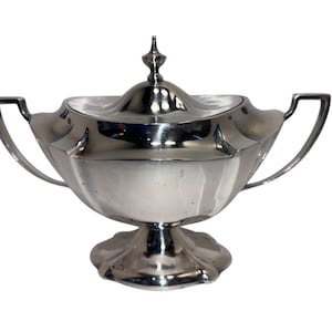 May include: A silver-colored, lidded sugar bowl with two handles and a decorative base. The bowl has a rounded shape with a lid that is topped with a small, pointed finial. The handles are curved and attached to the sides of the bowl.
