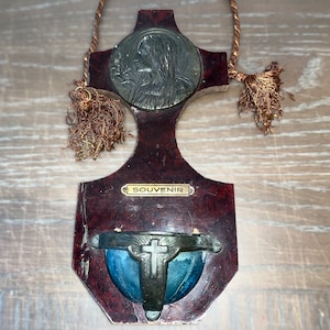 Vintage Holy Water Wall Hanger, Vintage Virgin Mary Holy Water Vessel, Catholic Souvenir Holy Water Font, 10&quot; Wooden Holy Water Font