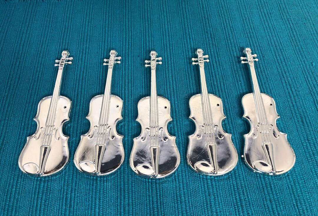 5 Vintage Chrome Violin Ornament, Vintage Musical Ornaments, 1960