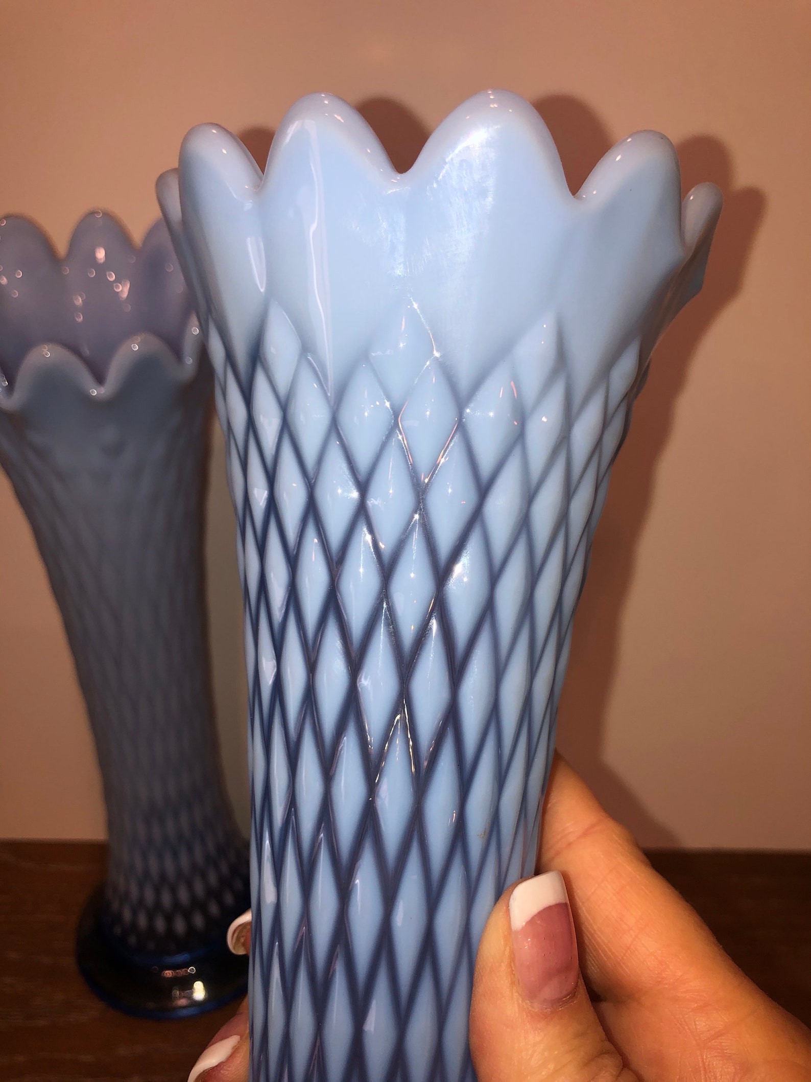 Pair of Vintage Northwood Diamond Optic Vases Ruffled Rim Etsy