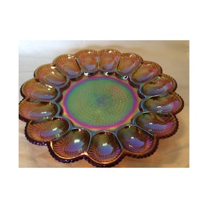 Vintage Indiana Hobnail Carnival Glass Egg Dish, Indiana Deep Gold Iridescent Carnival Glass, Amber Deviled Egg Plate, Hobnail Egg, Mint