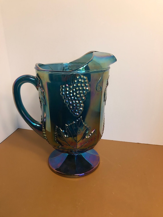 Vintage Indiana Carnival Glass Pitcher, Iridescent Blue Harvest