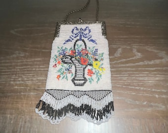 Antique Art Deco Micro Beaded Purse, Antique Beaded Purse Silver Frame Cobalt Clasp, Beaded Flapper Purse, 1900 Beaded 11" X 6" Purse, Good