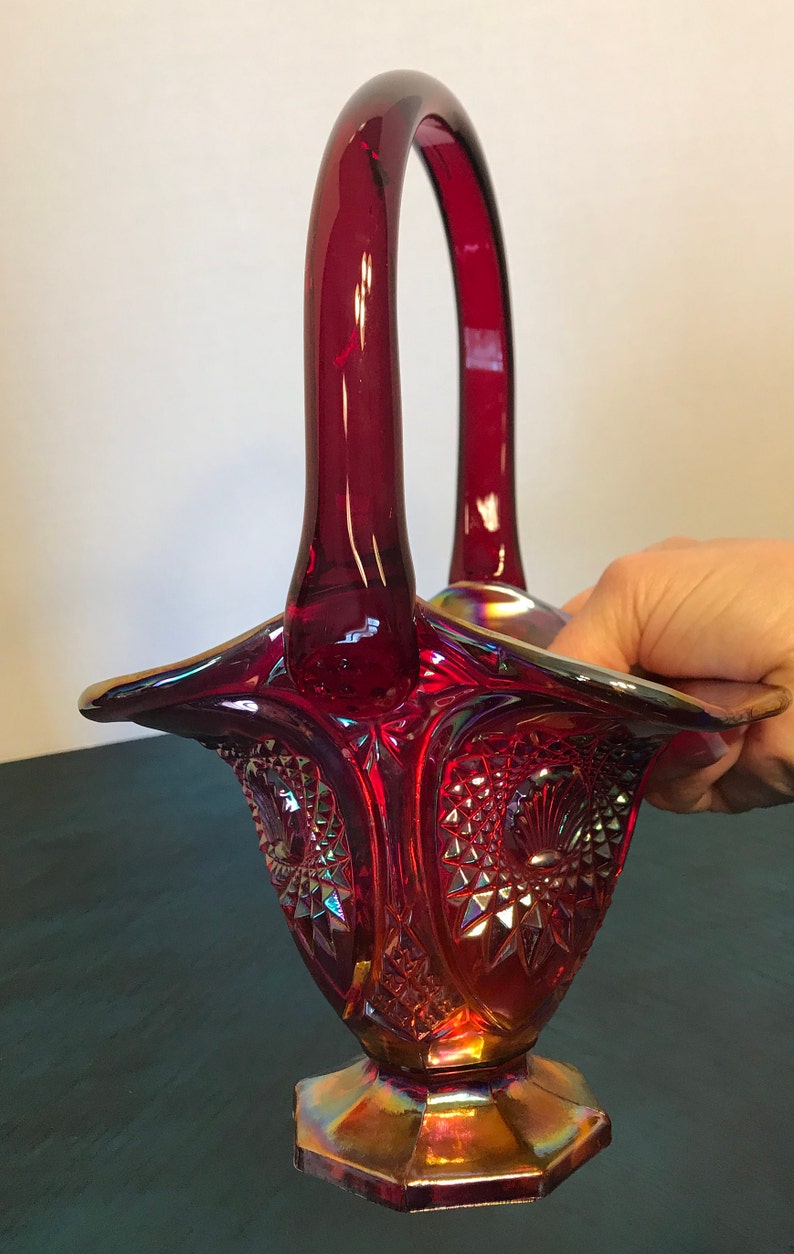 Vintage Fenton Red Carnival Glass Basket Fenton Iridescent Etsy