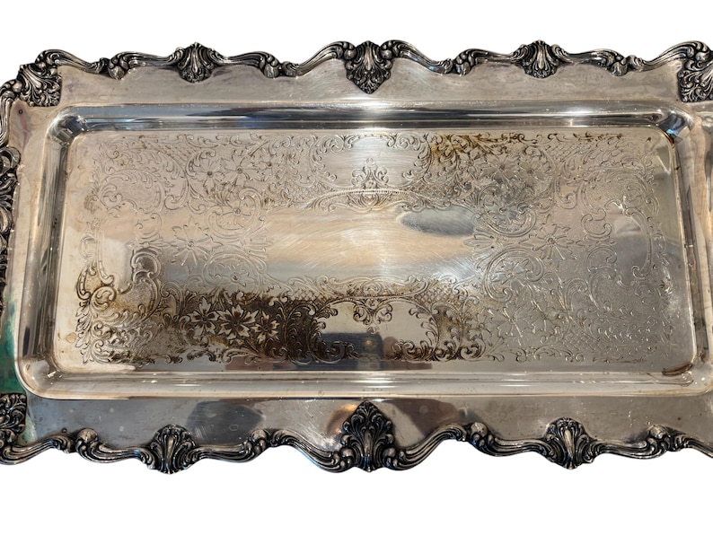 Internationell silverpläterad 25" Butlersbricka, W&S Victoria 240 Silver serveringsbricka, Silver Sandwich serveringsbricka, Silverfat med fot, SE bild 2