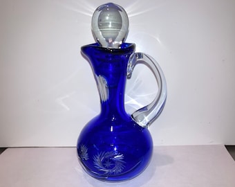Aceitera checa de cobalto grabada, botella boho azul cobalto transparente con tapón, aceitera checa boho con estrellas grabadas, botella de aceitera transparente de cobalto