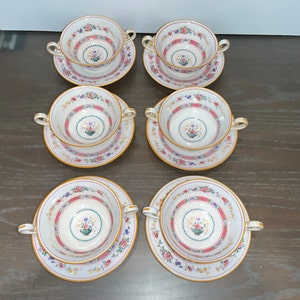 6 Vintage Royal Doulton Pink Urn Bouillon Soup, Royal Doulton Urn 4&quot; Bowls with Saucer, Royal Doulton Pink Urn Small Soup Bowl with Handle