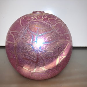 Studio Art Iridescent Glass Oil Lamp, Pink Swirl Round Art Glass Oil Lamp, Hand Blown Pink Carnival Glass Oil Burner, Pink Art Glass Lamp