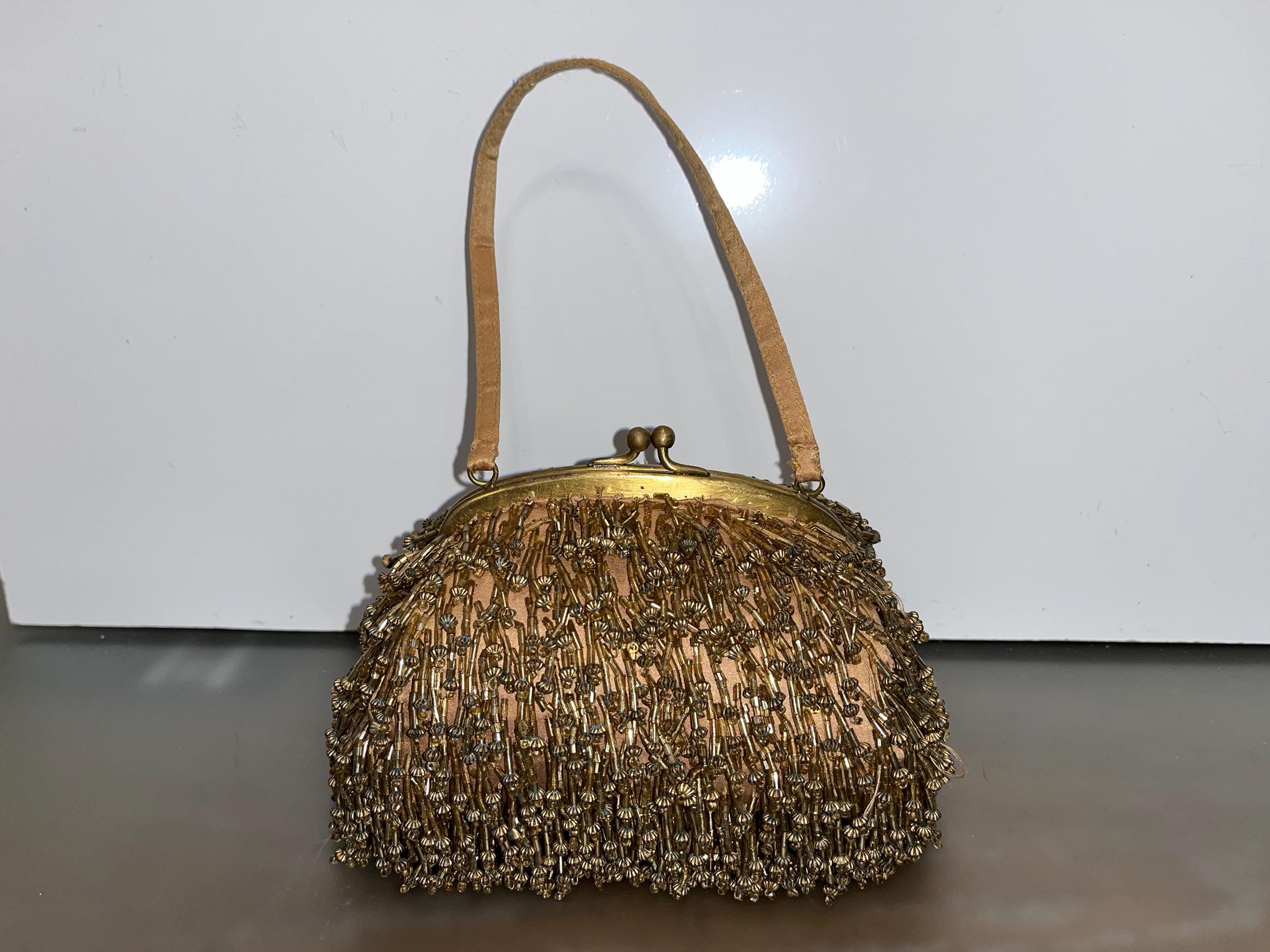 Antique Santi Gold Beaded Purse Antique Art Deco Beaded Purse Gold Beaded Bag Fringed Beaded Purse 1920 Beaded 7 Wide Purse Good Etsy