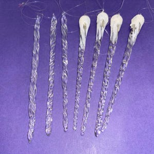 7 Vintage Glass Icicles, Snow Caped Icicles, Twisted Icicle Christmas Ornaments, 5 1/2&quot; Spiral Glass Icicle Ornaments, Glittered Snow Caps