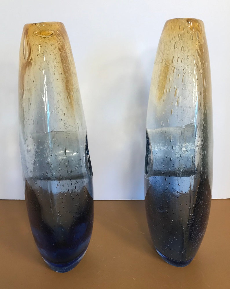 Pair of Vintage Hand Blown Donut Hole Vases Art Glass Seeded Etsy