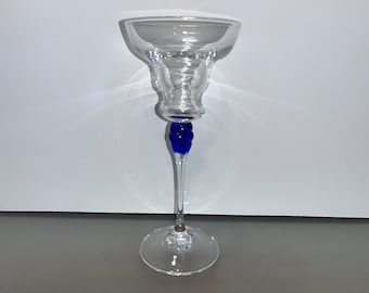 Art Glass Cobalt Blue Clear Glass Candlestick, Cobalt Blue Glass Candle Cup, Cobalt Clear Votive Candle, Cobalt Taper Candle Candlestick