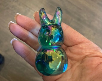 Ron Ray Green Bunny Rabbit Figure, 1982 Iridescent Green Glass Bunny, Green Bunny Figure, Art Glass Green Bunny Rabbit