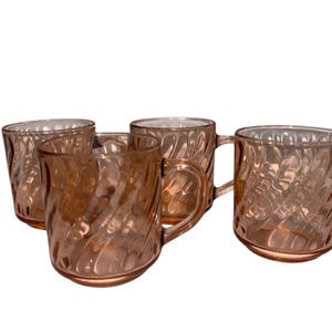 4 Vintage Arcoroc Pink Mugs, French Pink Glass Mugs, Vintage French Pink Coffee Cups, France Pink Swirl Mugs, Roseline Pink 8oz Mugs