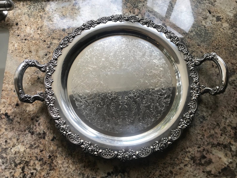 Silver Plated Round Handled Tray Vintage Silverplate Large Serving With Handles Plate Platter
