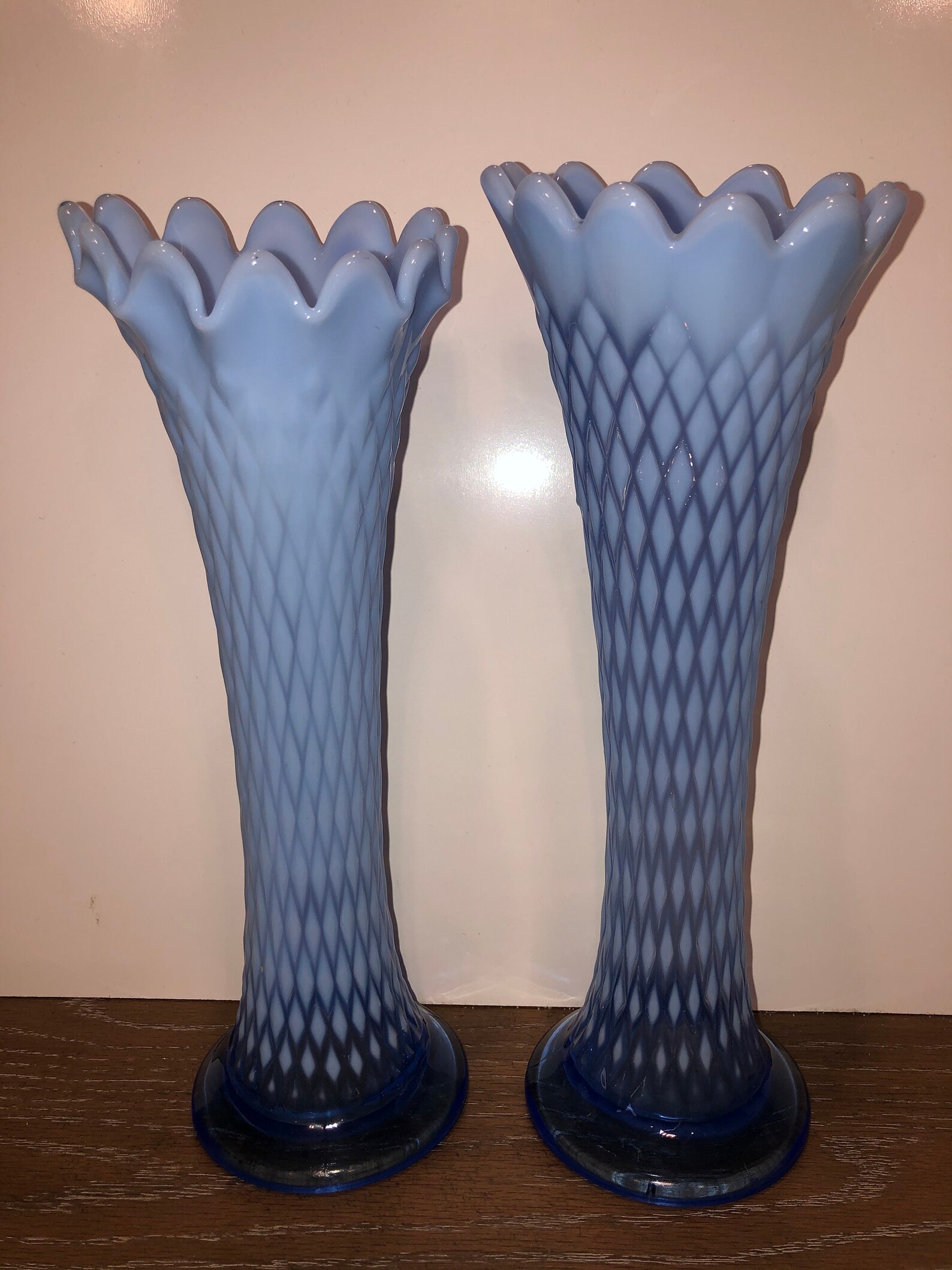 Pair of Vintage Northwood Diamond Optic Vases Ruffled Rim Etsy