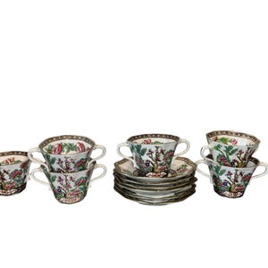 6 Vintage Coalport Indian Tree Flat Bullion Cups and Saucers, Coalport Indian Tree Double Handle Cups, Coalport Soup Saucer, READ