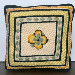 Vintage Needlepoint Pillow, Needlepoint Sampler Pillow, Green Yellow Needlepoint Pillow, 12&quot; Yellow Green Corduroy Backed Needlepoint Pillow