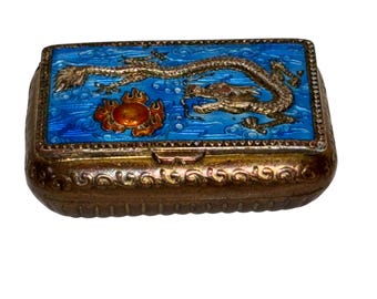 Vintage Enamel Serpent Trinket Box, Vintage Chinese Enamel Brass Pill Box, 1 5/8" Enamel Dragon Box, Cloisonne Dragon Hinged Pill Box