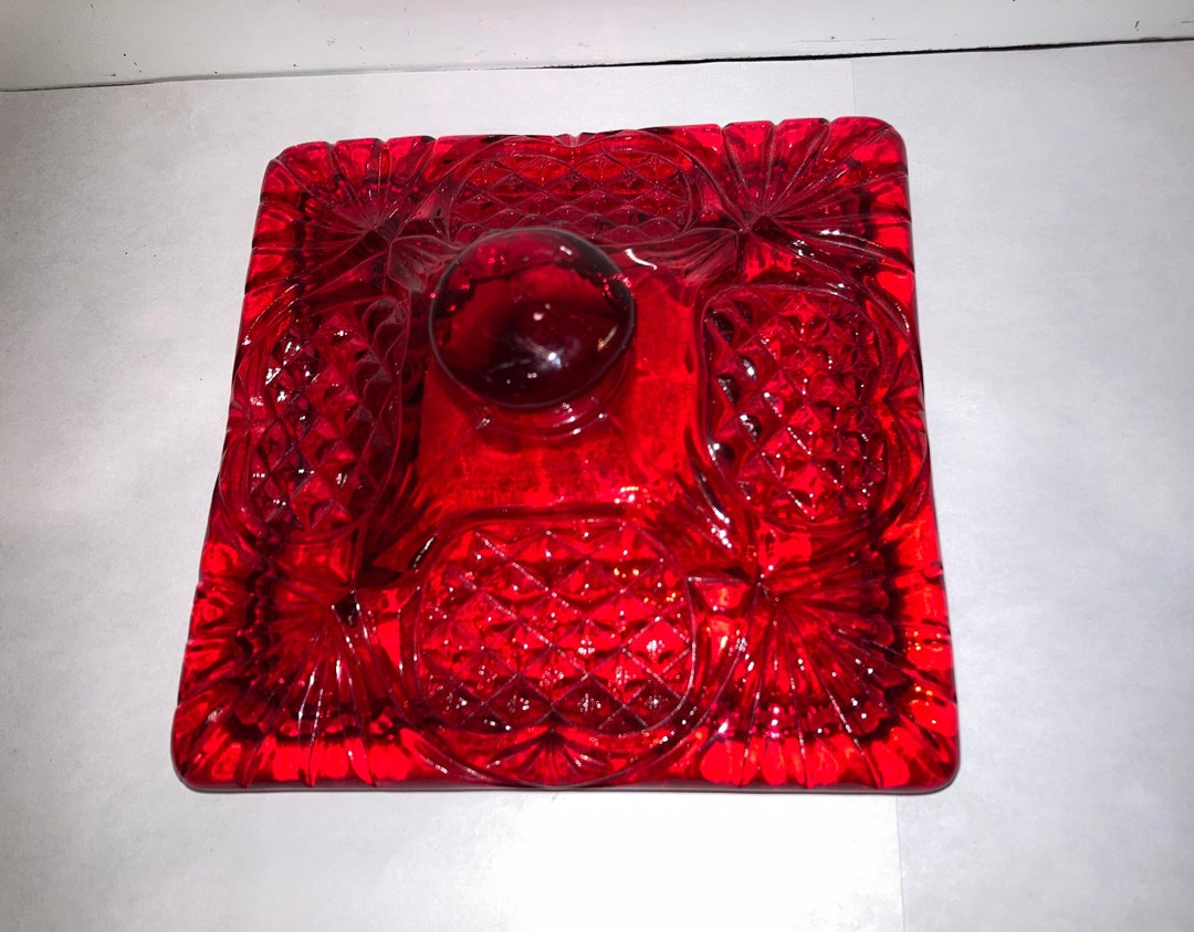Vintage Ruby Red Square Lid, Vintage Red Candy Dish Lid, Diamond Fan Design Replacement Lid, Red