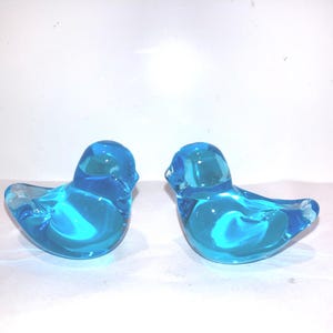 May include: Two glass bird figurines in shades of blue. The birds have rounded bodies and small beaks. The glass has a swirled pattern, creating a sense of depth and movement. These decorative birds are suitable for home decor.