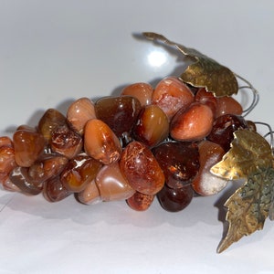 Vintage Carnelian Quartz Grape Cluster, Natural Carnelian Quartz Grapes, Rust Bunch of Grapes Gold Copper Leaves, Carved Stone Grapes, NICE