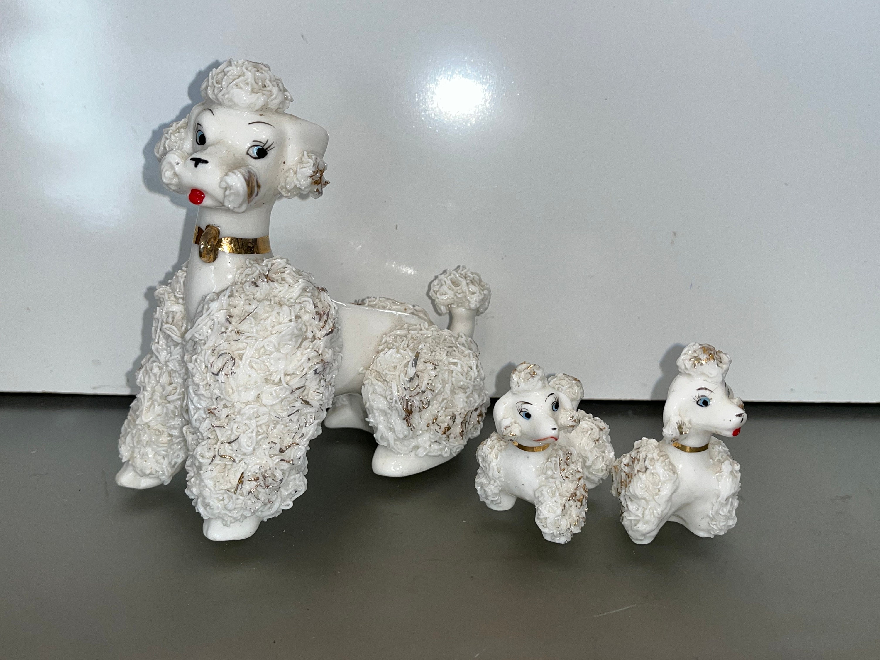 1940 White Poodles, Japan Milk Glass Spaghetti White Poodle