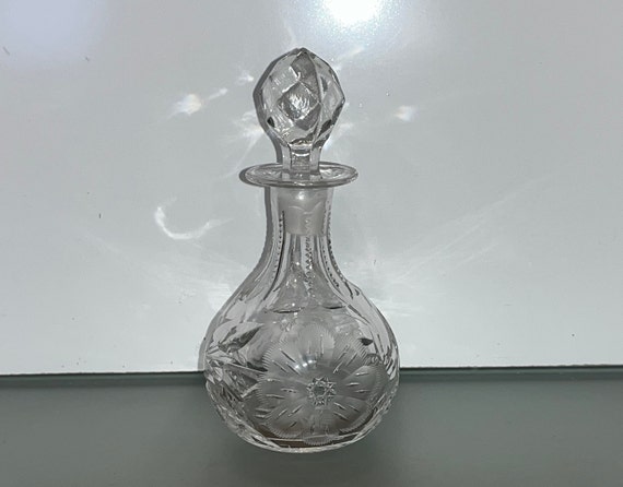 Vintage Etched Flowers Perfume Bottle, Etched Floral Perfume, Beaded Czech Floral Perfume Bottle, Bohemian Crystal Perfume Bottle, Mint