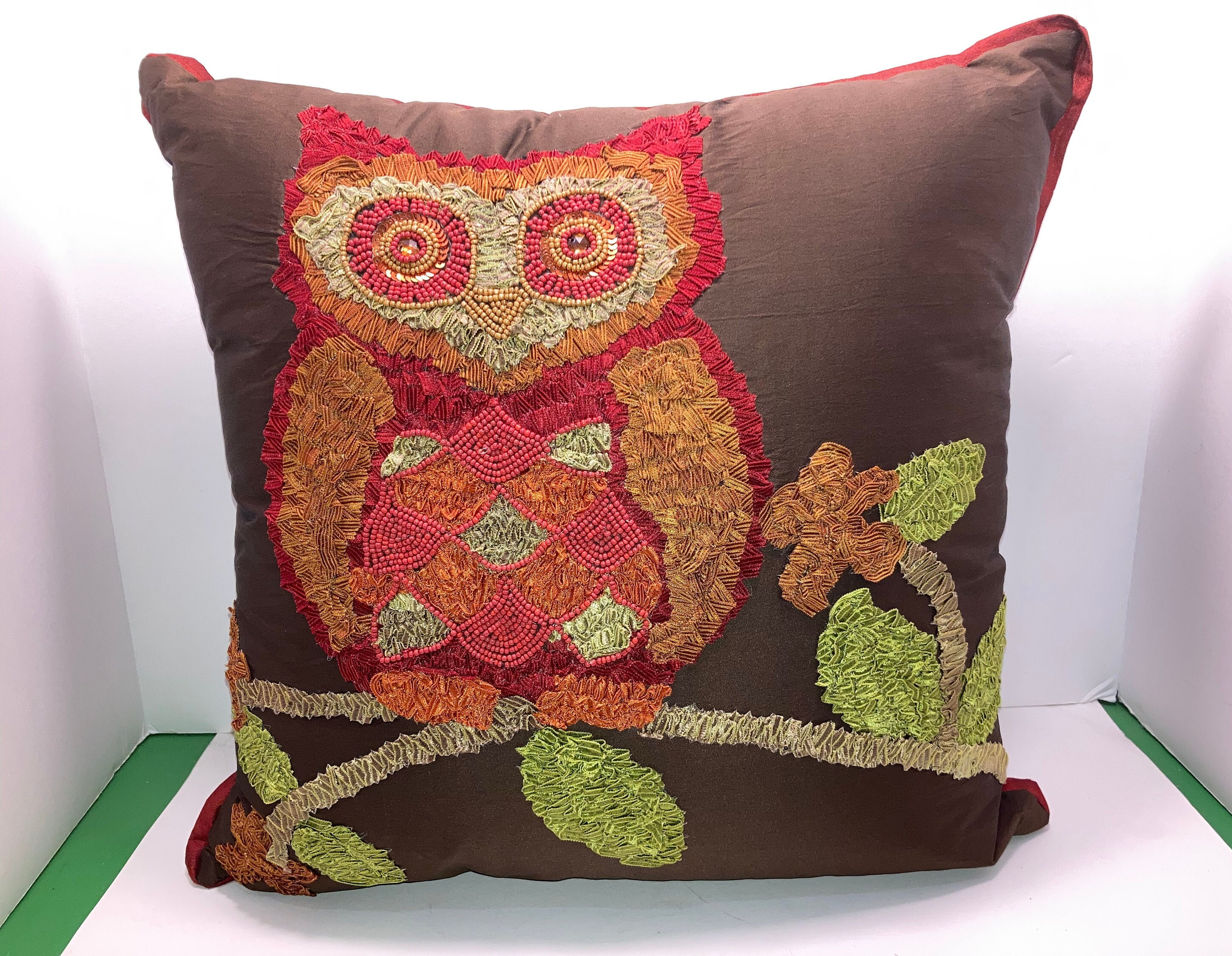 Owl Pillow, Satin Ribbon Owl Pillow, Brown Green Orange Owl Pillow, Beaded Owl Pillow, 17" Owl 
