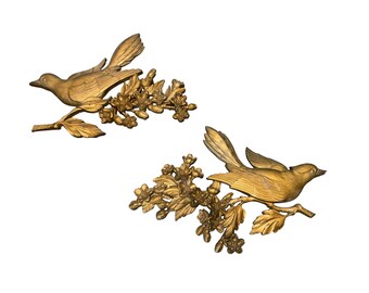 Coppia di decorazioni da parete MCM Syroco Birds, Dart Ind USA Gold Dogwood, rami di Syroco Gold Bird Dogwood, ramo da parete Syroco del 1950, menta
