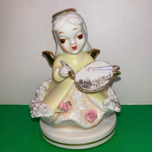 Vintage linkson Engel Künstler, linkson Spaghetti Engelfigur, Japan Engelfigur, Engelfigur linken Ton 808 Gelbes Kleid mit Goldflügeln