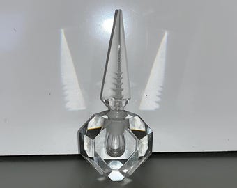 Mid Century Hollywood Regency Perfume Bottle, Vintage Cut Crystal Heavy Perfume Bottle, 6" Faceted Crystal Perfume Bottle, Excellent