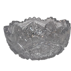 Antique American Brilliant Sawtooth Sauce Dish, ABP Stars Cut Glass Small Bowl, Hobstar 4 1/2&quot; Bowl, ABP Hobstar Lace Glass Sawtooth, Good