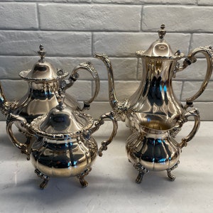 Vintage Coffee Set, Large Silver Plate Tea Set, 4 Piece Silver Plate Tea Set, Reed and Barton Large Coffee Pot, Silver Cream and Sugar, Good