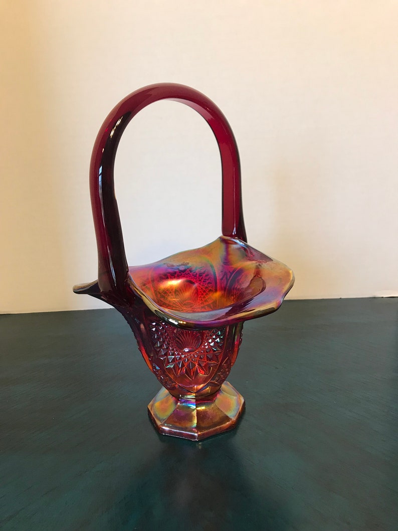 Vintage Fenton Red Carnival Glass Basket Fenton Iridescent Etsy